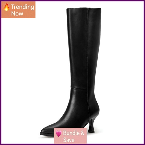 Knee High Boots Pointed Toe Kitten Heel Side Zipper Women's Dress Boots